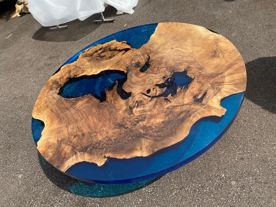 Round Dining Table, Custom 60” Diameter Round Walnut Wood Table, Cobalt Blue Epoxy Dining Table, Live Edge Table, Custom Order for Ben