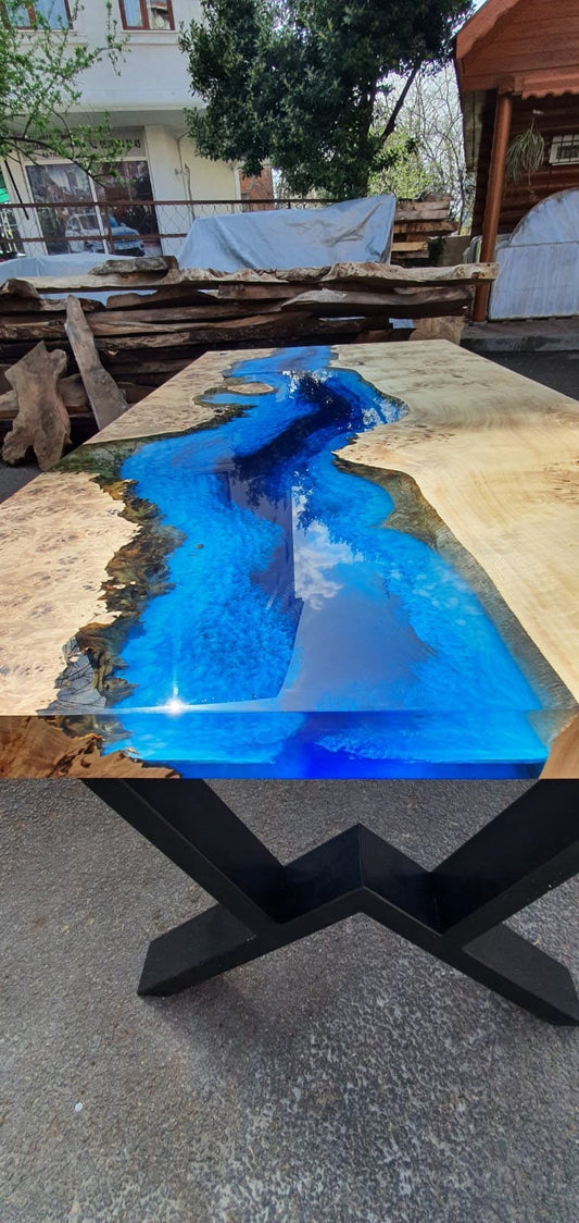 Ocean Table, Poplar Table, Custom 60” x 30” Poplar Wood Shiny Ocean Blue Table, Epoxy River Table, Live Edge Table, Order for Steve S