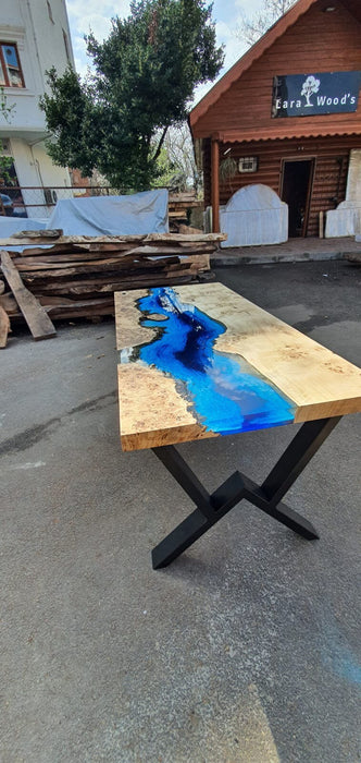 Ocean Table, Poplar Table, Custom 60” x 30” Poplar Wood Shiny Ocean Blue Table, Epoxy River Table, Live Edge Table, Order for Steve S