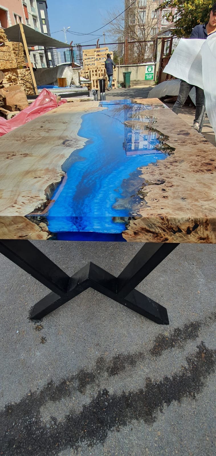 Ocean Table, Poplar Table, Custom 60” x 30” Poplar Wood Shiny Ocean Blue Table, Epoxy River Table, Live Edge Table, Order for Steve S