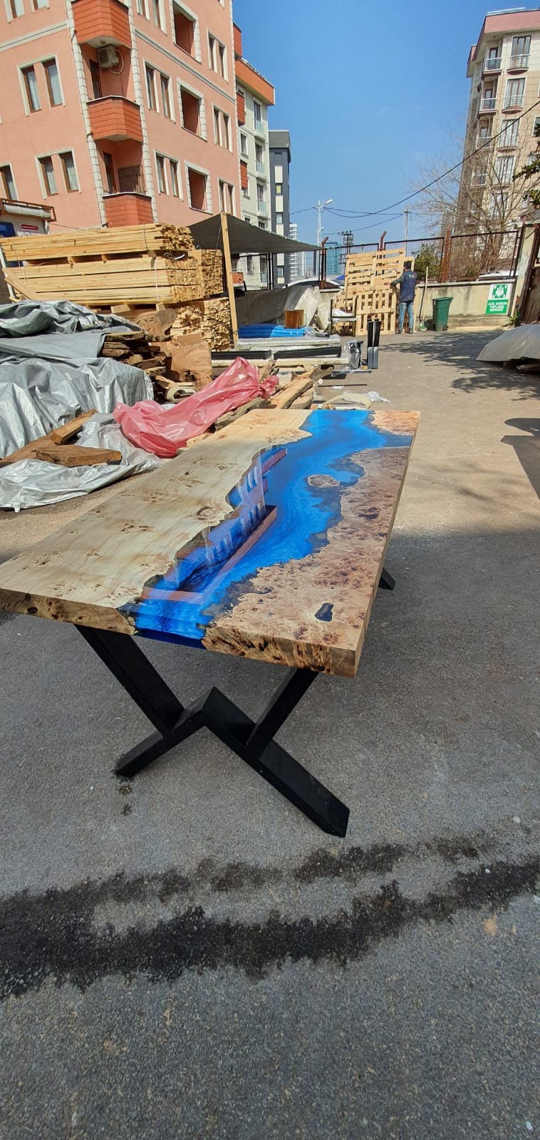 Ocean Table, Poplar Table, Custom 60” x 30” Poplar Wood Shiny Ocean Blue Table, Epoxy River Table, Live Edge Table, Order for Steve S