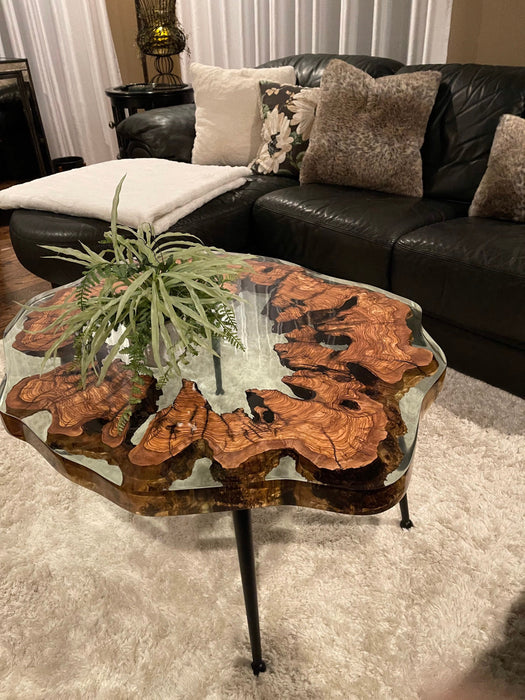 Olive Wood Coffee Table, Round Coffee Table, Custom 40” Diameter Round Table, Olive Wood Clear Epoxy Table , Custom Order for Amy