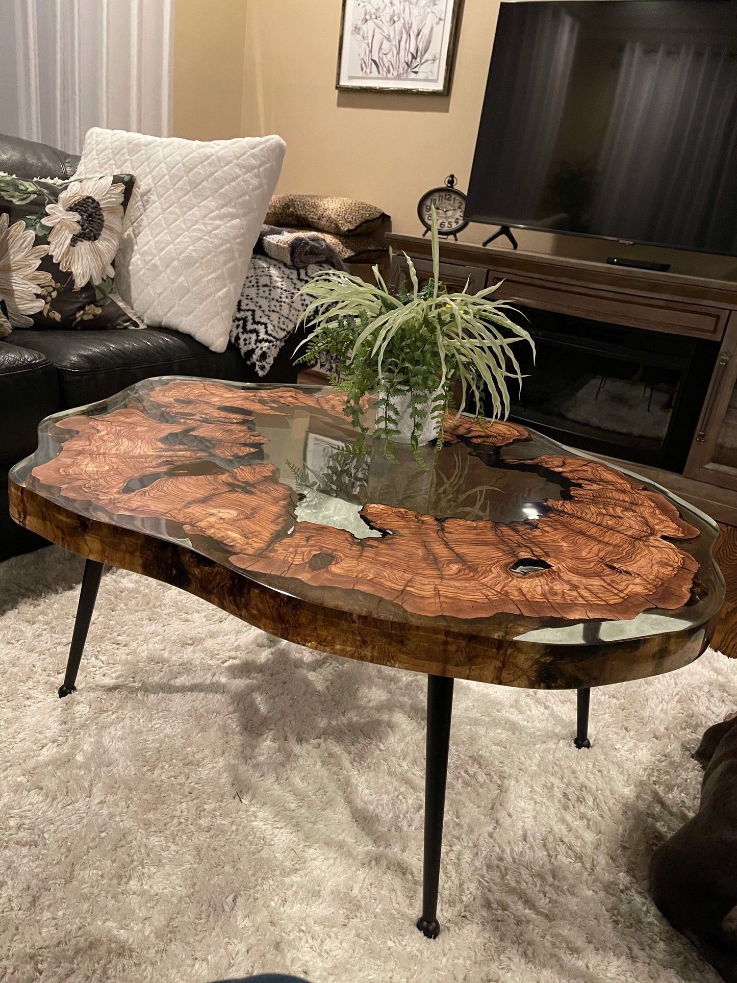 Olive Wood Coffee Table, Round Coffee Table, Custom 40” Diameter Round Table, Olive Wood Clear Epoxy Table , Custom Order for Amy