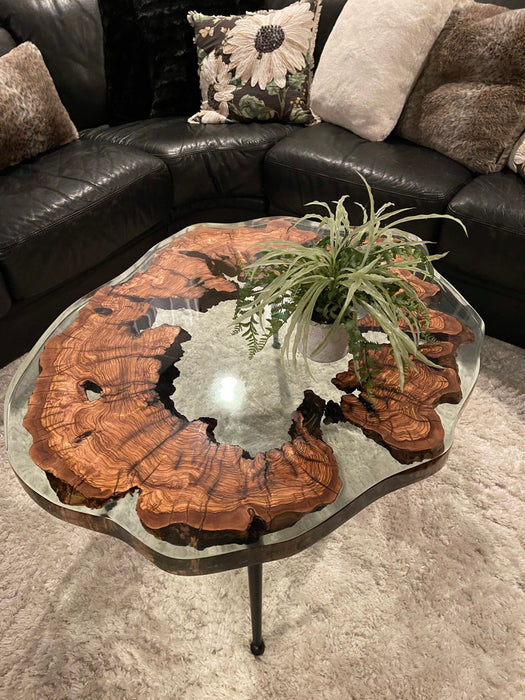 Olive Wood Coffee Table, Round Coffee Table, Custom 40” Diameter Round Table, Olive Wood Clear Epoxy Table , Custom Order for Amy
