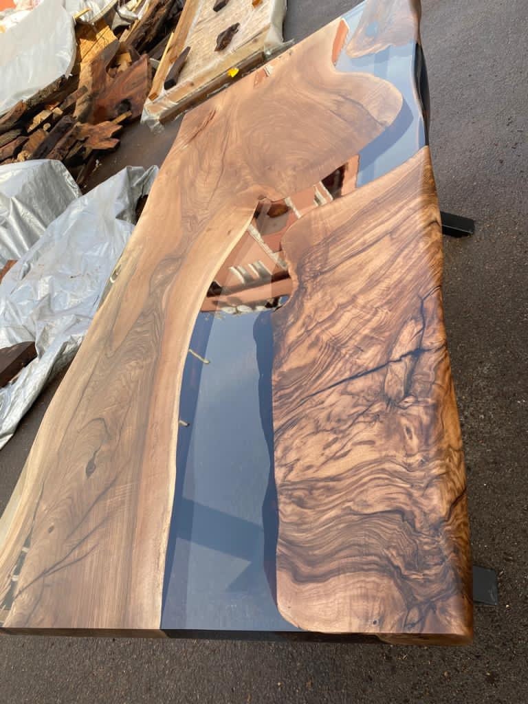 Walnut Dining Table, Custom 75” x 38” Walnut Smokey Gray Table, Epoxy River Table, Live Edge Table, Wooden Table, Custom Order for Priya