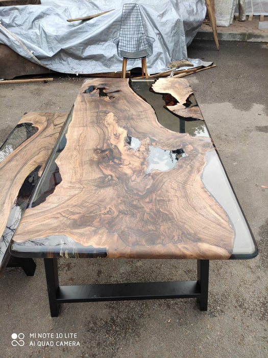 Epoxy Dining Table, Epoxy Resin Table, Custom 72” x 36” Walnut Smokey Gray Table, Epoxy River Table and Bench, Custom Order for Laurie V