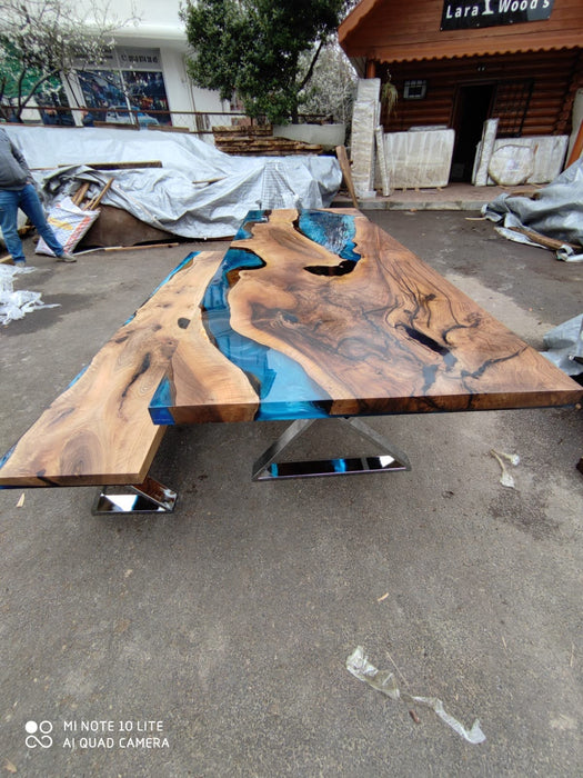 Handmade Epoxy Table, Custom 108” x 36” Walnut Blue Epoxy Table, Epoxy River Dining Table, Live Edge Table, Custom Order for Arun