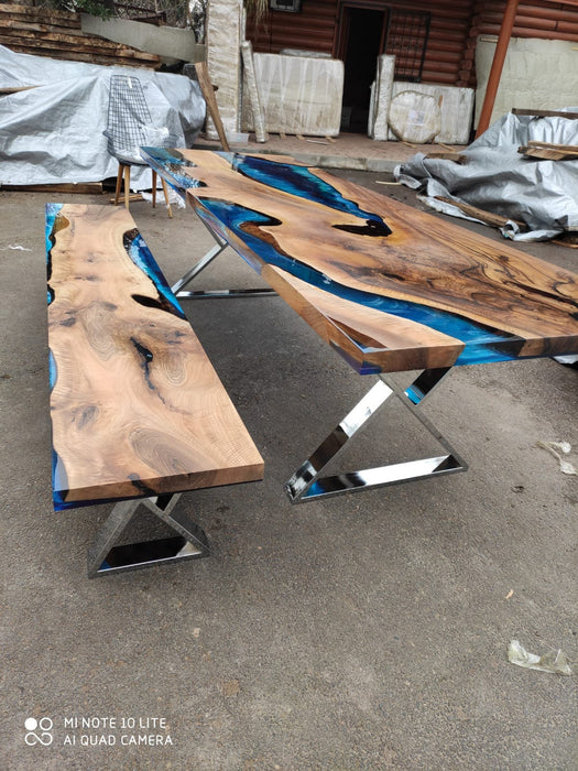 Epoxy Dining Table, Epoxy Resin Table, Custom 108” x 36” Walnut Blue Epoxy River Dining Table and Bench, Custom Order for Arun