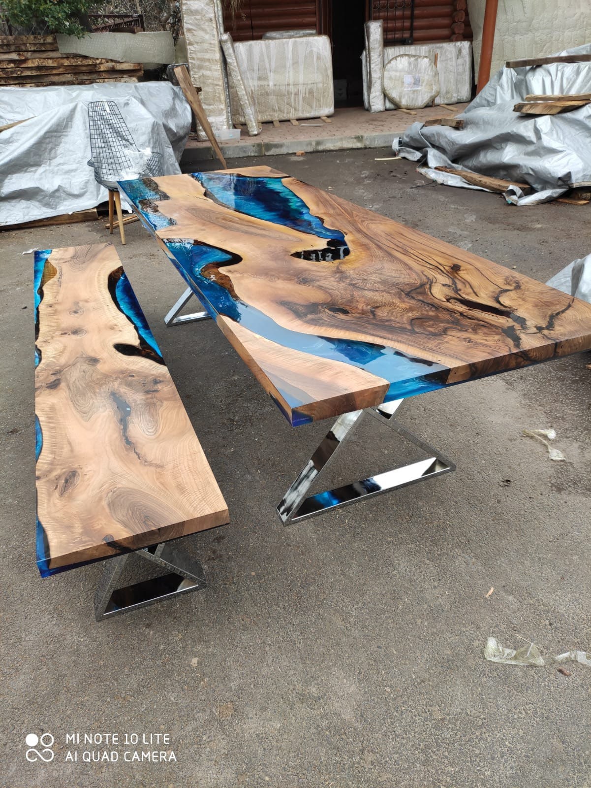 Epoxy Dining Table, Epoxy Resin Table, Custom 108” x 36” Walnut Blue Epoxy River Dining Table and Bench, Custom Order for Arun