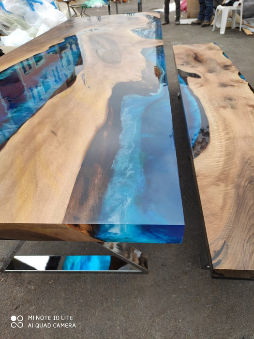Epoxy Dining Table, Epoxy Resin Table, Custom 108” x 36” Walnut Blue Epoxy River Dining Table and Bench, Custom Order for Arun
