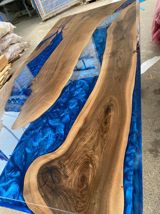 Epoxy Table, Epoxy Dining Table, Walnut Epoxy River Table, Custom 80” x 38” Walnut Metallic Blue Epoxy River Table, Order for Jessica