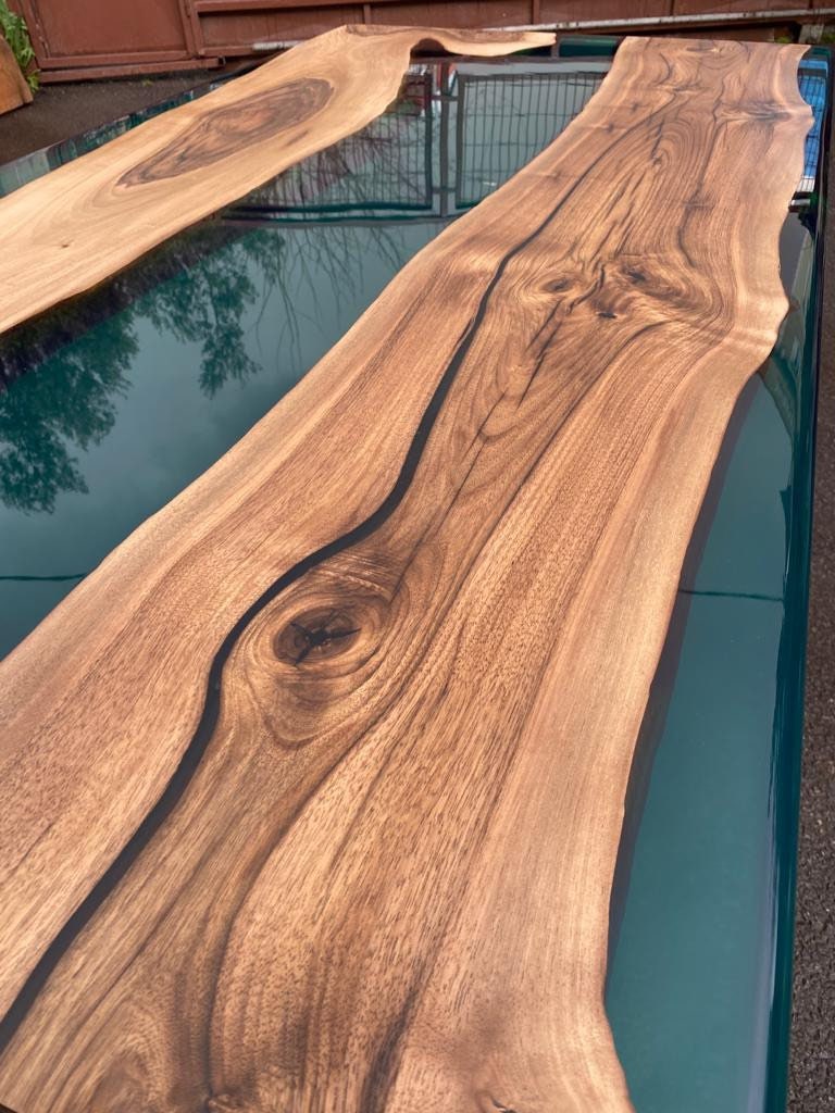 Epoxy Table, Live Edge Table, Custom 70” x 36” Walnut Transparent Translucent Turquoise Table, Epoxy River Table, Custom Order for Yuxi Liu