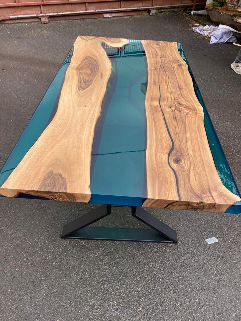 Epoxy Table, Live Edge Table, Custom 70” x 36” Walnut Transparent Translucent Turquoise Table, Epoxy River Table, Custom Order for Yuxi Liu