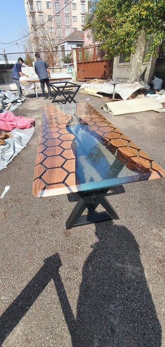 Hexagon Epoxy Dining Table, Epoxy Resin Table, Custom 72” x 26” Walnut Clear Table, Epoxy Hexagon Honeycomb Table for John