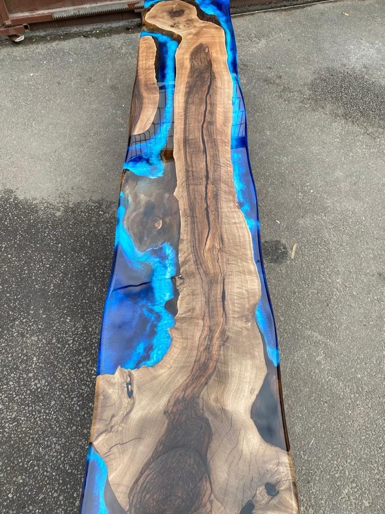 Handmade Epoxy Table, Live Edge Table, Epoxy Table, Custom 85” x 16” Walnut Wood Deep Blue and Turquoise, White Epoxy Table for Lauren Ru