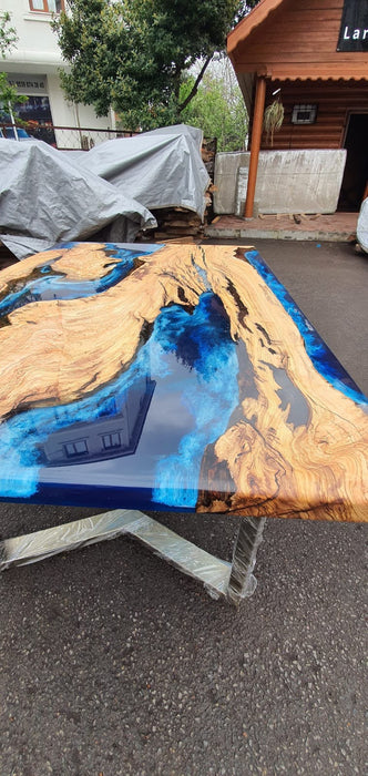 Olive Wood Epoxy Table, Custom 60” x 40” Olive Wood Table, Deep Blue and Turquoise Table, Epoxy Resin Table, River Table, for Jessica Om