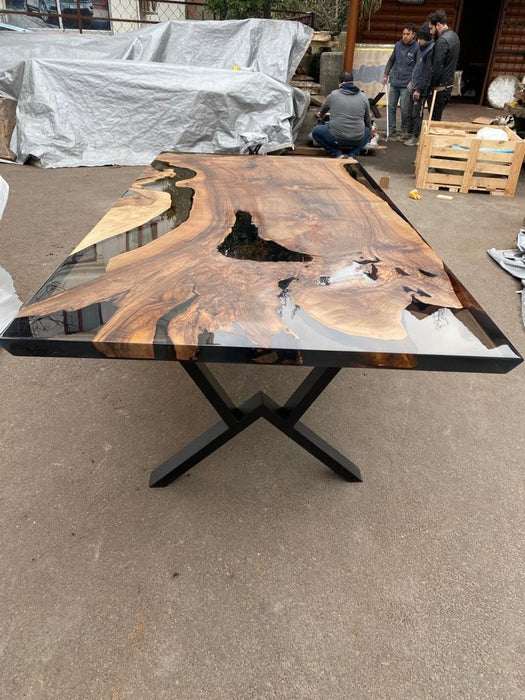 Epoxy Table, Epoxy Dining Table, Walnut Epoxy River Table, Custom 96” x 48” Walnut Smokey Gray Epoxy River Table Order for Neetu