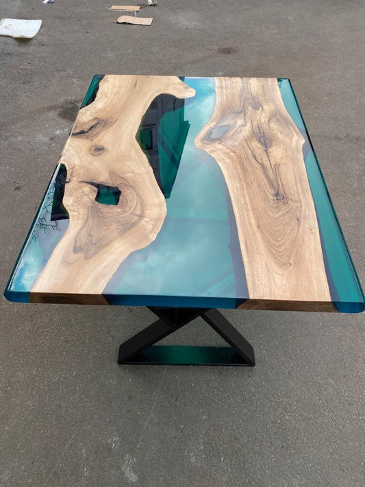 Epoxy Table, Live Edge Table, Custom 47” x 36” Walnut Transparent Translucent Turquoise Table, Epoxy River Table, Custom Order for Yuxi