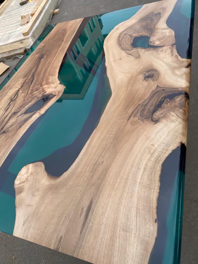 Epoxy Table, Live Edge Table, Custom 47” x 36” Walnut Transparent Translucent Turquoise Table, Epoxy River Table, Custom Order for Yuxi