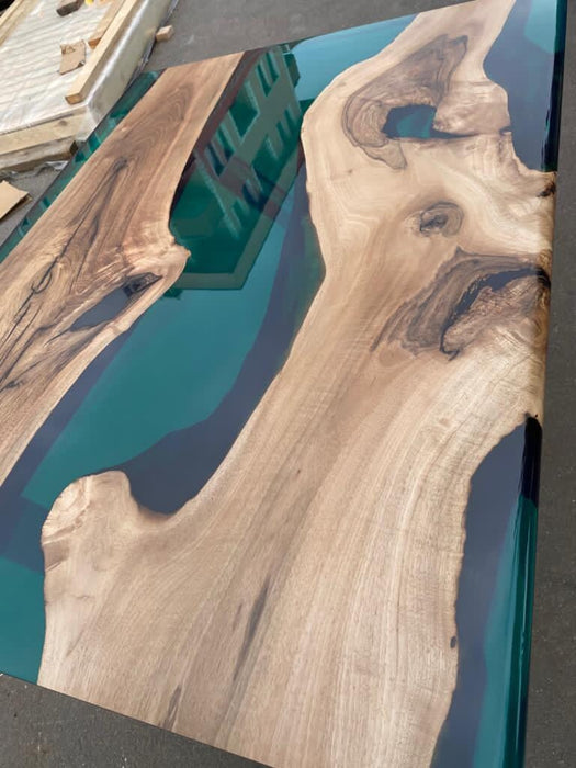 Epoxy Table, Live Edge Table, Custom 47” x 36” Walnut Transparent Translucent Turquoise Table, Epoxy River Table, Custom Order for Yuxi