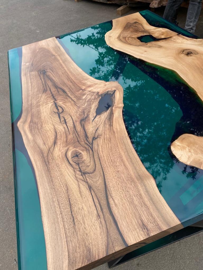 Epoxy Table, Live Edge Table, Custom 47” x 36” Walnut Transparent Translucent Turquoise Table, Epoxy River Table, Custom Order for Yuxi