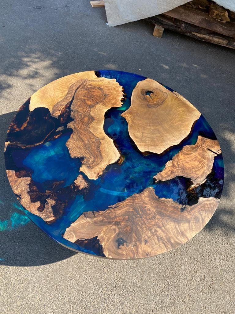 Epoxy Table, Epoxy Dining Table, Walnut Epoxy Round Dining Table, Custom 42” Round Walnut Wood Blue Epoxy Dining Table Order for Brandon B