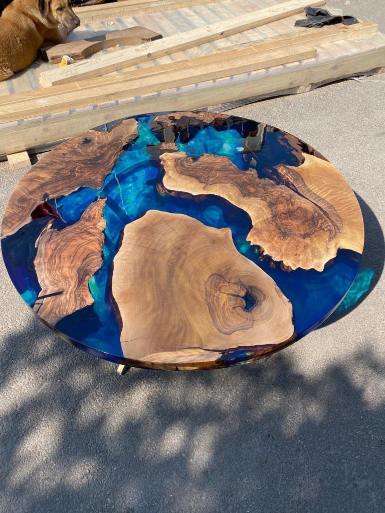 Epoxy Table, Epoxy Dining Table, Walnut Epoxy Round Dining Table, Custom 42” Round Walnut Wood Blue Epoxy Dining Table Order for Brandon B