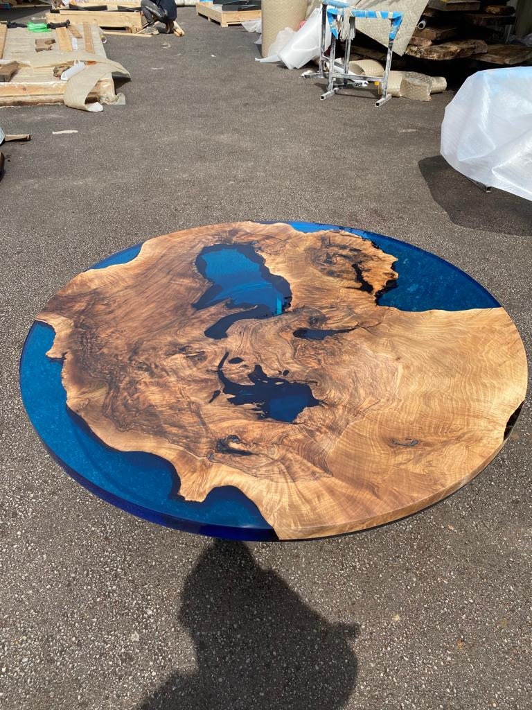 Round Dining Table, Custom 60” Diameter Round Walnut Wood Table, Cobalt Blue Epoxy Dining Table, Live Edge Table, Custom Order for Ben