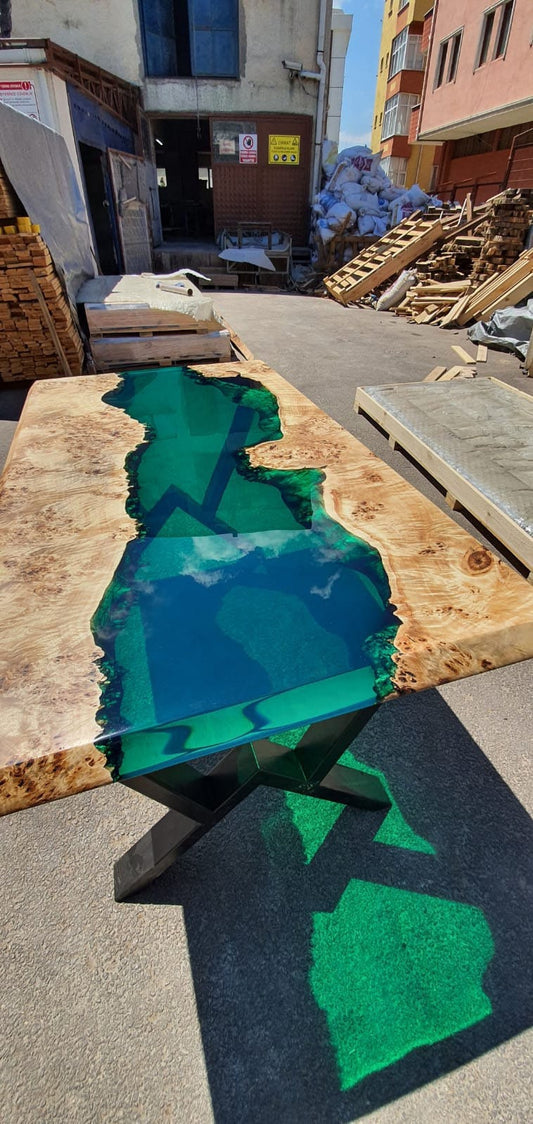 Poplar Table, Epoxy Resin Table, Custom 60” x 35” Poplar Wood Transparent Translucent Turquoise Green Epoxy River Table, Order for Natasha