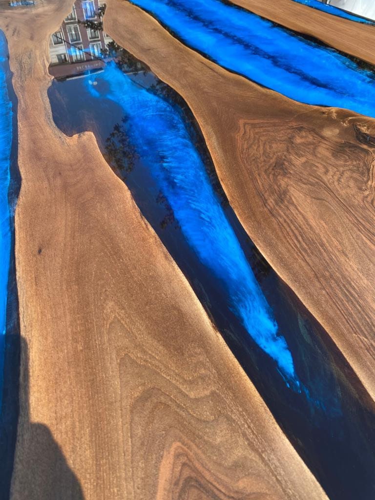 Epoxy Dining Table, River Table, Custom 84” x 42” Walnut Deep Dark Blue Table, Epoxy Dining Table, Live Edge Table, Custom for Morgan