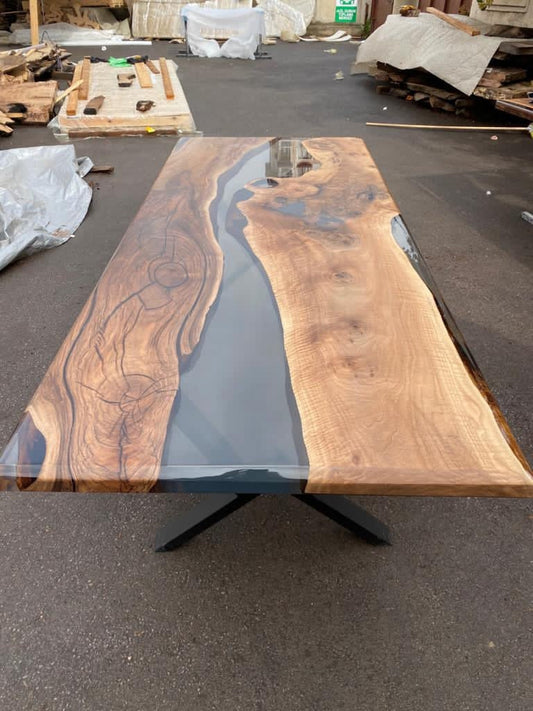 Walnut Dining Table, Clear Epoxy Table, Custom 96” x 40” Walnut Smokey Gray Table, Epoxy River Table, Epoxy Resin Table, Order for Megan