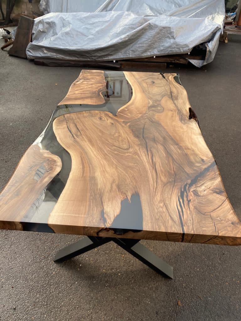 Walnut Dining Table, Custom 75” x 38” Walnut Smokey Gray Table, Epoxy River Table, Live Edge Table, Wooden Table, Custom Order for Priya