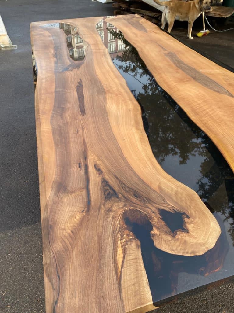 Walnut Dining Table, River Table, Custom 108" x 44" Walnut Smokey Gray Table, Epoxy River Table, Custom Order for Vickie