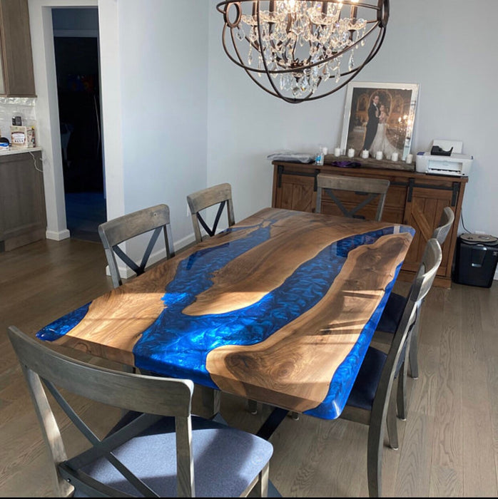 Epoxy Table, Epoxy Dining Table, Walnut Epoxy River Table, Custom 80” x 38” Walnut Metallic Blue Epoxy River Table, Order for Jessica