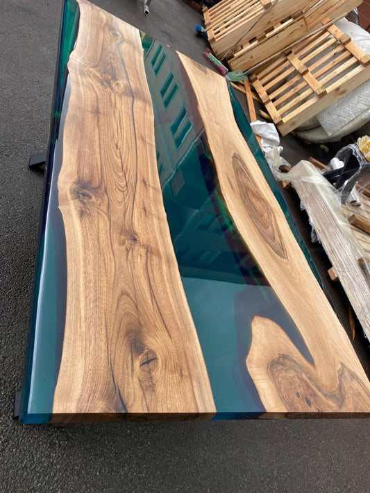 Epoxy Table, Live Edge Table, Custom 70” x 36” Walnut Transparent Translucent Turquoise Table, Epoxy River Table, Custom Order for Yuxi Liu