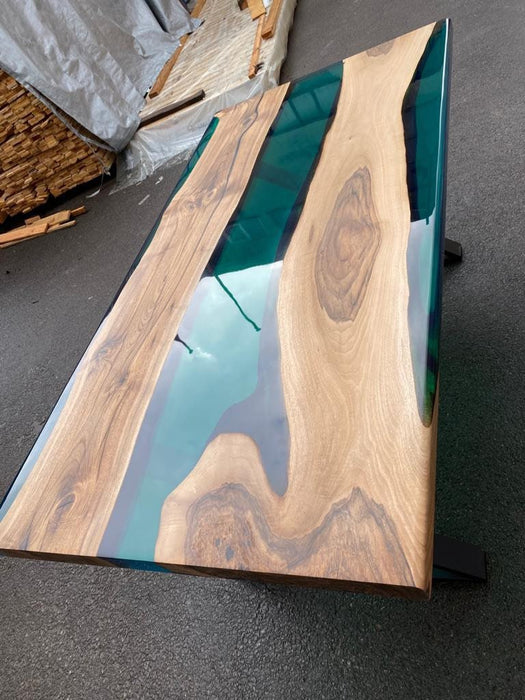 Epoxy Table, Live Edge Table, Custom 70” x 36” Walnut Transparent Translucent Turquoise Table, Epoxy River Table, Custom Order for Yuxi Liu