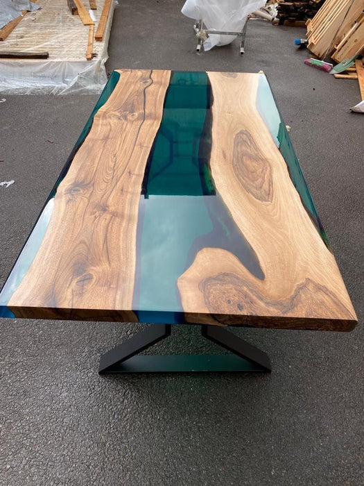 Epoxy Table, Live Edge Table, Custom 70” x 36” Walnut Transparent Translucent Turquoise Table, Epoxy River Table, Custom Order for Yuxi Liu