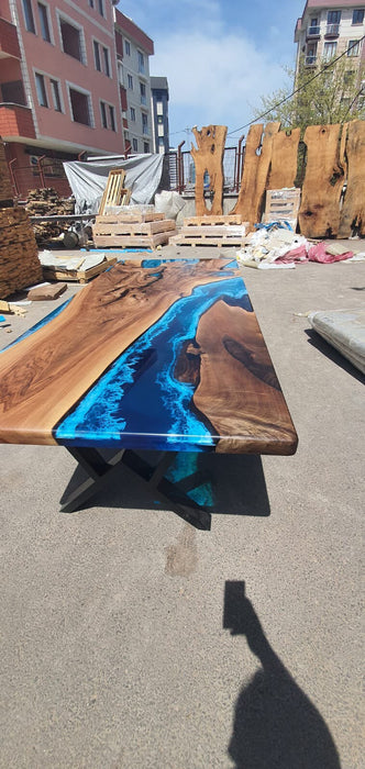 Epoxy Dining Table, Epoxy Resin Table, Custom 84” x 38” Walnut Blue, Turquoise, Green Epoxy Dining Table, Live Edge Table, for Meobrien