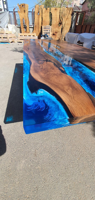 Live Edge Table, Custom 96” x 40” Walnut Ocean Blue, Turquoise Table, White Waves Epoxy Table, River Dining Table, Custom Order for Nate