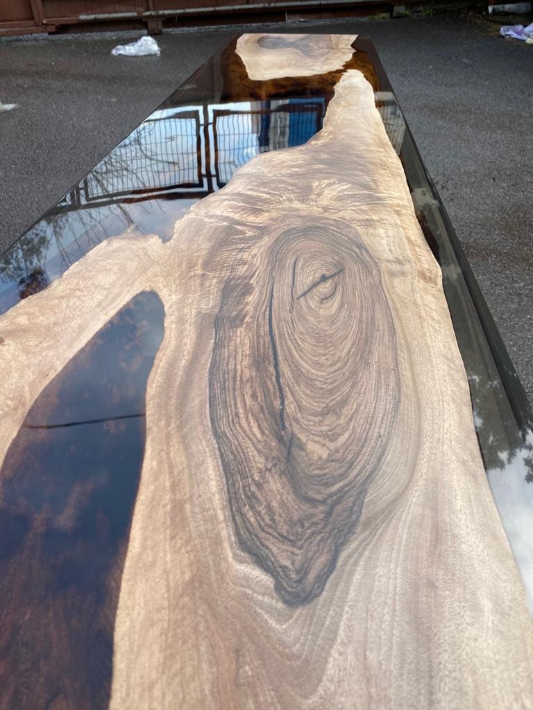 Handmade Epoxy Table, Custom 80” x 17” Walnut Smokey Gray Table, Epoxy River Table, Epoxy Dining Bench, Custom Order for Raidermari