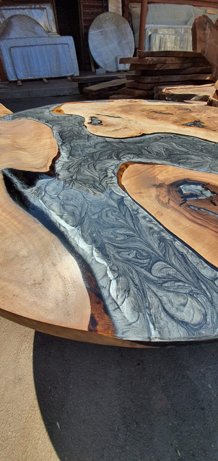 Round Dining Table, Epoxy Coffee Table, Custom 50” Diameter Round Table, Walnut Wood Metallic Gray Table, Epoxy Resin Table Order for Sarah