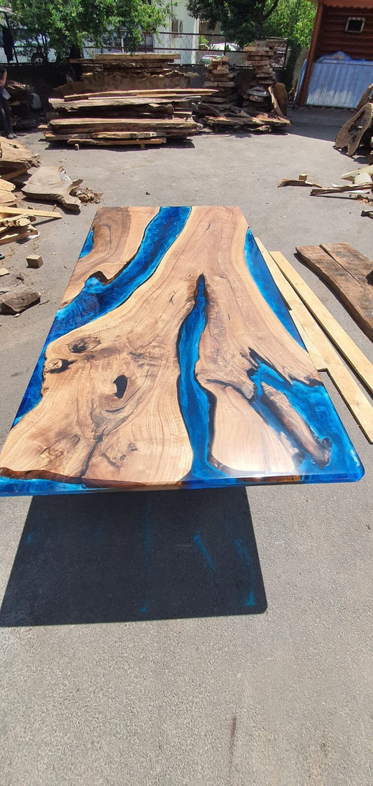 Live Edge Table, Custom 96” x 45” Walnut Ocean Blue, Turquoise White Waves Table, River Table, Epoxy River Dining Table, Order for Karen Z