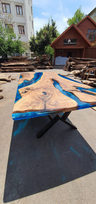 Live Edge Table, Custom 96” x 45” Walnut Ocean Blue, Turquoise White Waves Table, River Table, Epoxy River Dining Table, Order for Karen Z