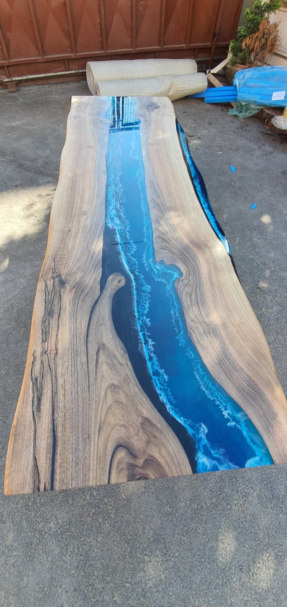 Live Edge Table, Custom 92” x 28” Walnut Wood Blue and White Table, Epoxy Table, River Table, Handmade Epoxy Table, Custom for Bernda