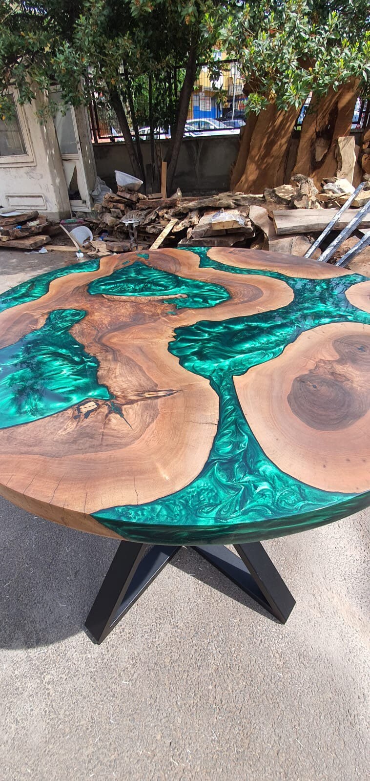 Round Dining Table, Live Edge Table, Custom 40” Diameter Round Walnut Wood Metallic Emerald Green Epoxy Dining Table, Order for Lisa Jeff