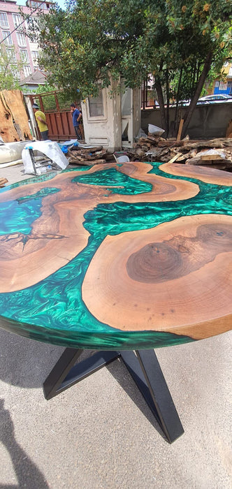 Round Dining Table, Live Edge Table, Custom 40” Diameter Round Walnut Wood Metallic Emerald Green Epoxy Dining Table, Order for Lisa Jeff