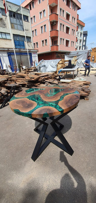 Round Dining Table, Live Edge Table, Custom 40” Diameter Round Walnut Wood Metallic Emerald Green Epoxy Dining Table, Order for Lisa Jeff