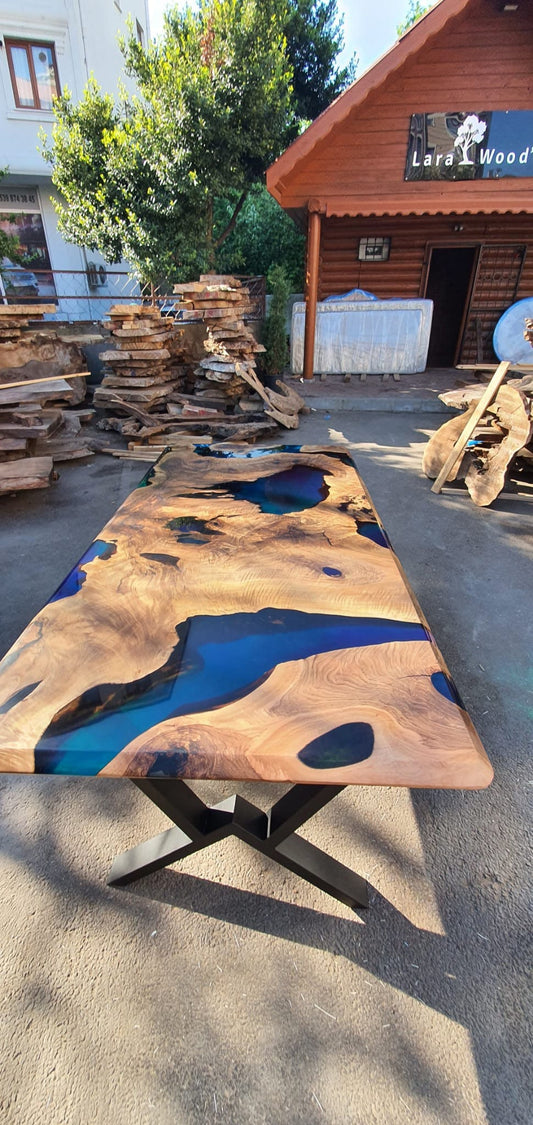 Epoxy Table, Epoxy Dining Table, Walnut Epoxy River Table, Custom 84” x 42” Walnut Blue, Turquoise, Green Epoxy Dining Table, for Tiffany