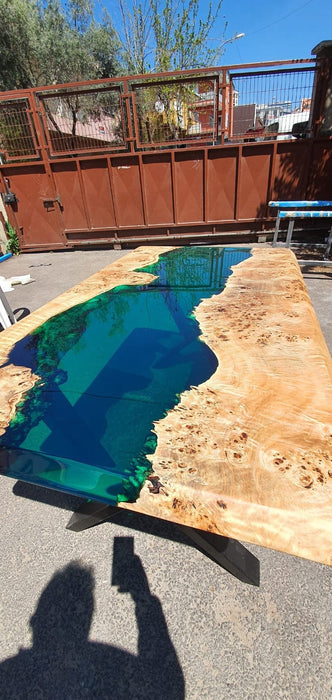 Poplar Table, Epoxy Resin Table, Custom 60” x 35” Poplar Wood Transparent Translucent Turquoise Green Epoxy River Table, Order for Natasha