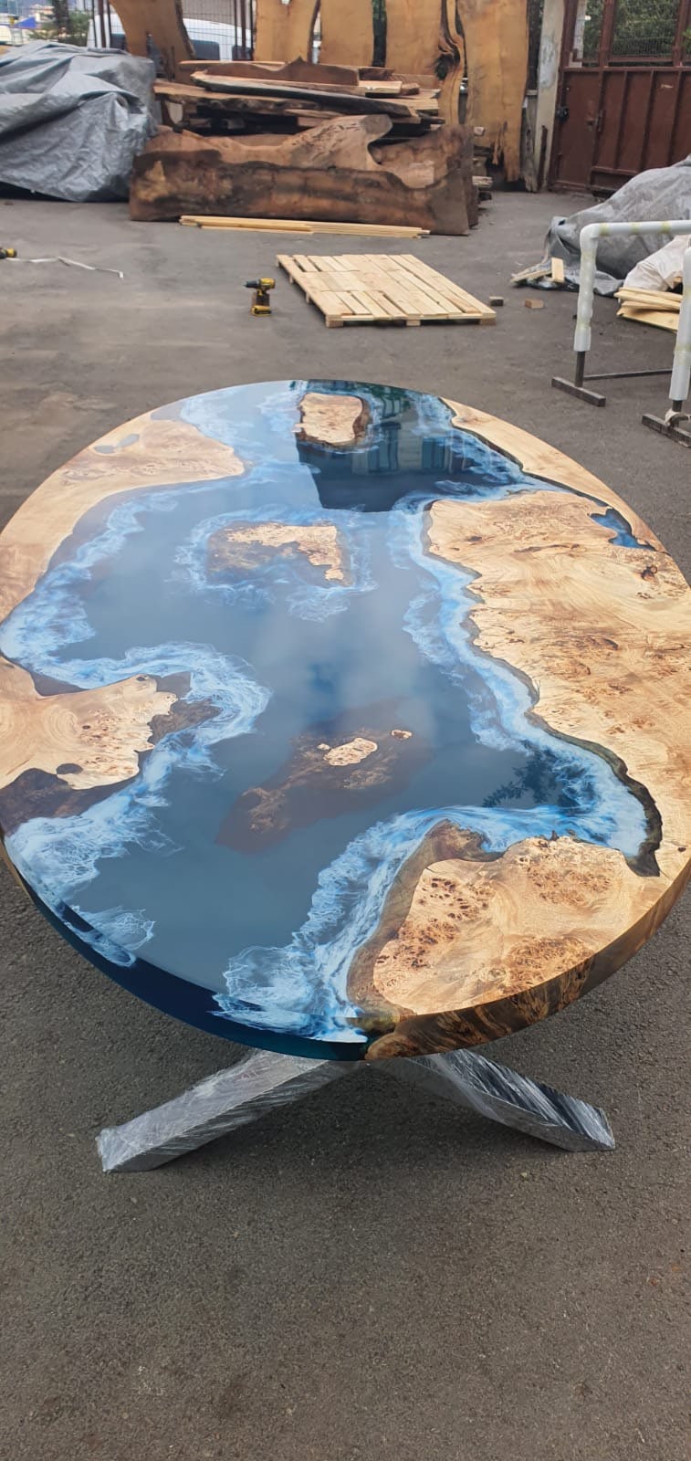 Poplar Table, Live Edge Table, Custom 90” x 45” Poplar Ocean Deep Blue with Ocean Wawes Table, Epoxy River Oval Table Order for Matt